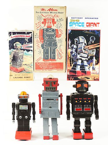 Lot of 3: Japanese Tin Litho & Plastic Battery Operated Robots in Boxes.