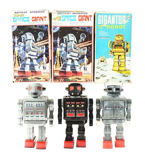 Lot Of 3: Japanese Tin Litho & Plastic Battery Operated Robots in Boxes.