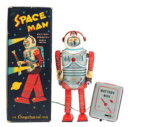 Japanese Tin Litho Battery Operated Nomura Space Man Astronaut Toy With Box. 