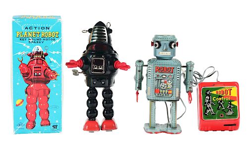 Lot of 2: Tin Litho and Painted Wind Up And Battery Operated Robots.