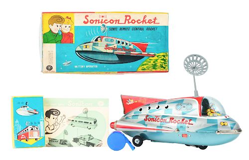 Tin Litho Battery Operated Checkered Sonicon Rocket.