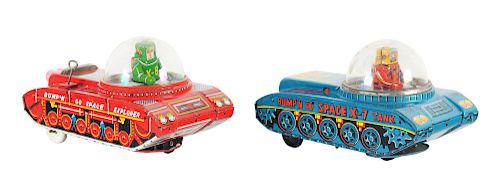 Lot of 2: Tin Litho Wind Up Space Tanks.