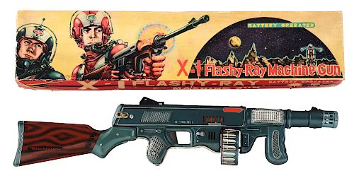Tin Litho Battery Operated X-1 Flashy Ray Machine Gun.