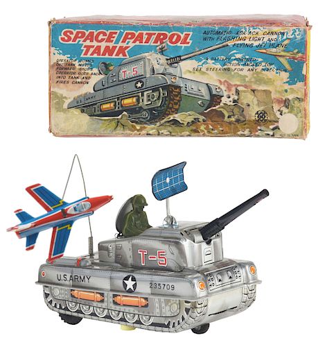 Unusual Japanese Tin Litho Battery Operated Space Patrol Tank In Box. 
