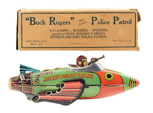 Marx Tin Litho Wind Up Buck Rogers Rocket Police Patrol with Box.