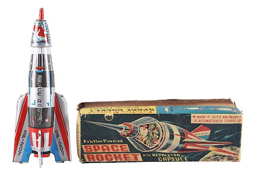 Tin Litho Friction Space Rocket with Revolving Capsule.