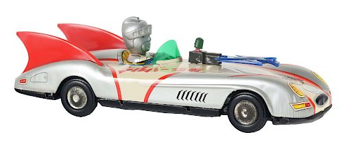 Tin Litho Friction Silver Kamen Rocket Firing Car.