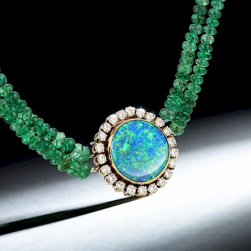 A Black Opal Emerald and Diamond Necklace