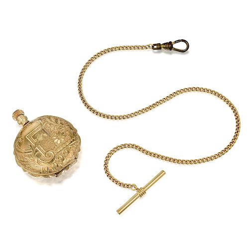 Elgin "Sun-Dial" 14K Gold Pocket Watch with Non Gold Chain and 14K Curb Link Chain