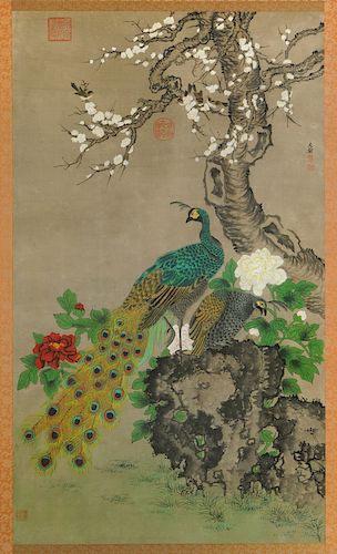 Large Framed Chinese Scroll of Peacock