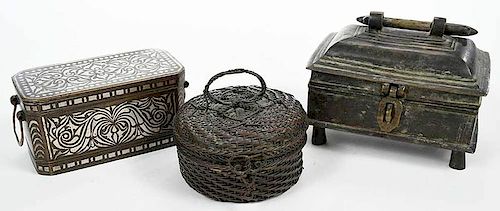 Three Asian Bronze and Brass Lidded Boxes