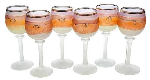 Six Art Nouveau Frosted Wine Goblets