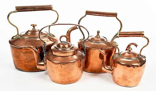 Four Graduated Copper Tea Pots
