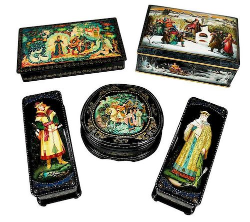 Five Large Russian Lacquer Fairy Tale Boxes