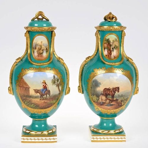 Pair Coalport porcelain urns and covers
