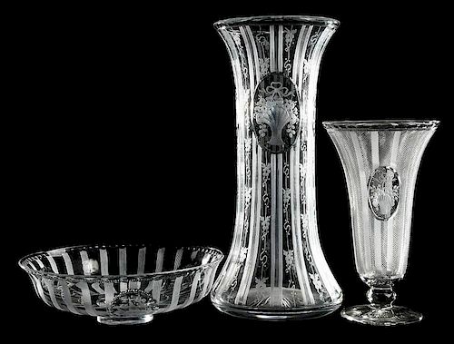 Cut Glass Hawkes Bowl, Two Vases