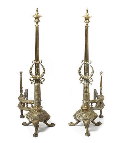 A Monumental Pair of Directoire Style Brass Andirons, Height 36 inches.
