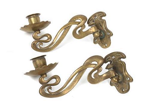 A Pair of Brass Art Nouveau Single Light Swing Arm Wall Sconces. Height 5 x width 2 7/8 x depth 7 1/2 inches.