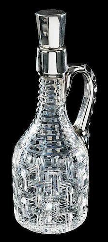 Cut Glass Whiskey Jug Sterling Handle, Stopper