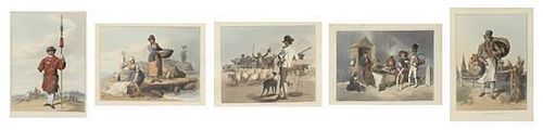 A Collection of Five Hand-Colored Aquatint Engravings, sheet size of largest 14 x 10 inches.