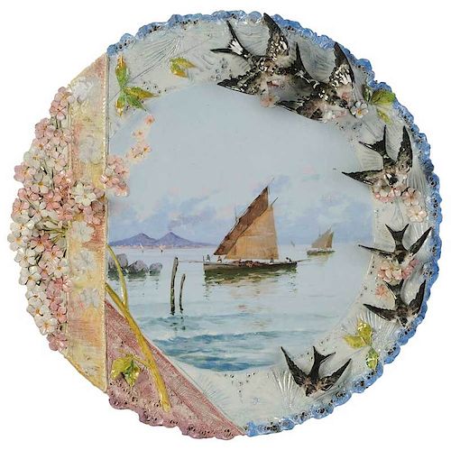 Hand Painted Seascape Plaque, Applied Swallows