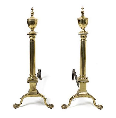 A Monumental Pair of Chippendale Style Brass Andirons, Height 35 1/2 inches.