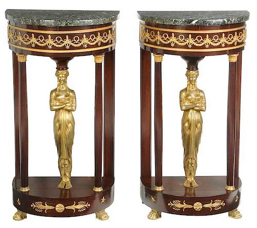 Pair Empire Style Marble-Top Console Tables