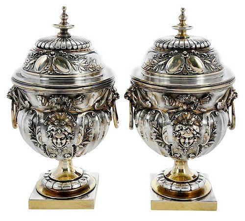 Pair of Leopold Oudry Silver-Plate Covered Urns