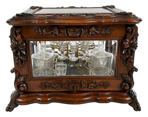 Carved Walnut and Beveled Glass Tantalus