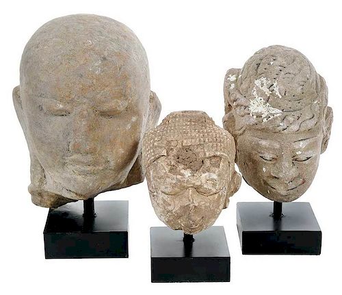 Three Early Stone Buddha Head Fragments, Stands