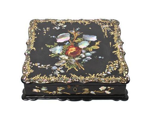 A Victorian Black Lacquer and Mother of Pearl Inlaid Jewelry Box, Height 2 1/4 x width 9 1/2 x depth 9 1/2