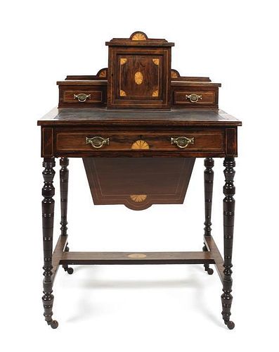 A Victorian Fan Marquetry Inlaid Rosewood Ladys Work Desk, Height 41 1/4 x width 27 x depth 19 inches.
