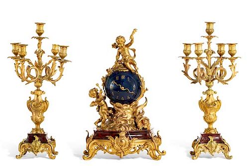 Louis XV style bronze and marble clock garniture