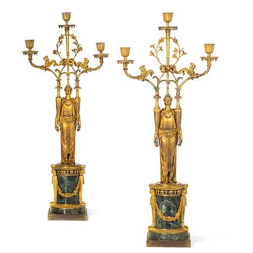 Pair of Swedish Empire bronze & marble candelabra