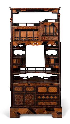A Japanese marquetry inlaid etagere cabinet