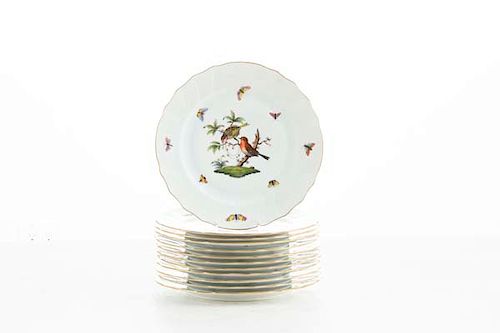 Twelve Herend Rothschild Bird dinner plates