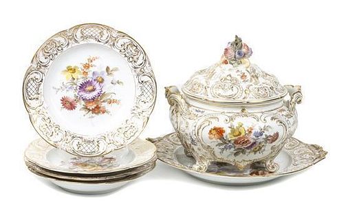 A Continental Parcel Gilt Soup Tureen, Platter and Plates, Length of platter 15 inches.