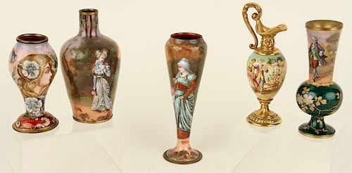 COLLECTION 5 FRENCH ENAMELED ITEMS VASES AND EWER