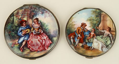 TWO SILVER ENAMELED COMPACTS