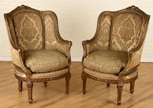 PAIR FRENCH LOUIS XVI GILT WOOD BERGERE CHAIRS
