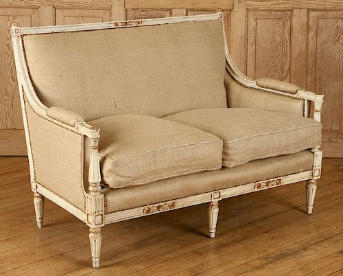 CARVED PAINTED FRENCH LOUIS XVI STYLE SETTEE 1920