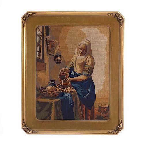 Gobelino. Siglo XX. "La Lechera", copia de Vermeer. Elaborado a máquina sobre fibras de algodón. Enmarcado en madera dorada.