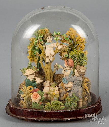 Victorian wax grouping, with glass dome