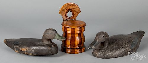 Two carved and painted duck decoys, etc.