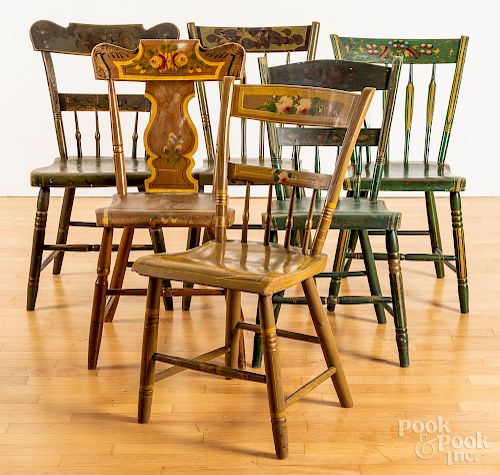 Six Pennsylvania painted plank seat chairs
