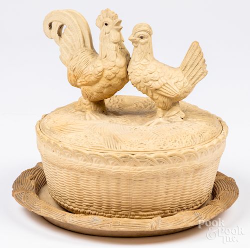 Caneware rooster covered dish, with undertray