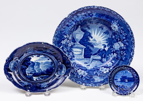 Historical blue Staffordshire shallow bowl, etc.