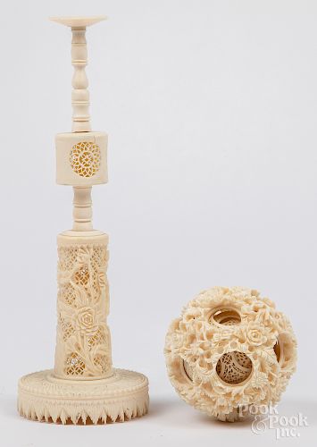 Chinese carved ivory puzzle ball and stand