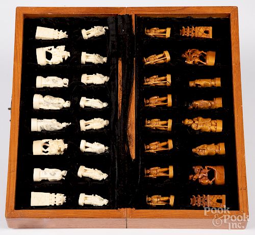 Japanese carved ivory chess set with board
