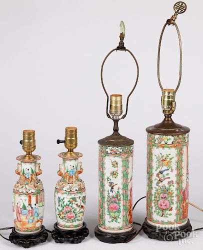 Four Chinese export rose medallion table lamps